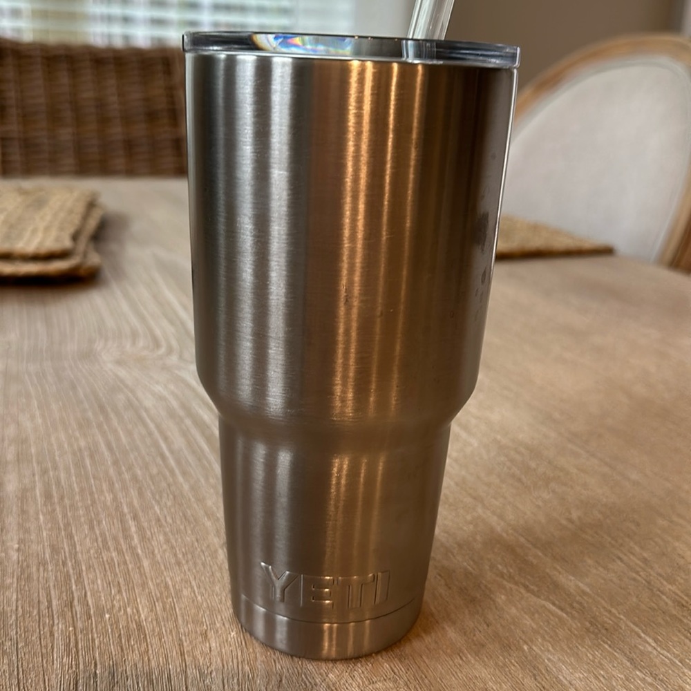 Large Yeti travel cup.  Stainless steel.  Two tops and straw.  Never used.